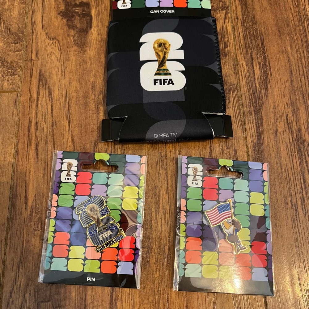 New FIFA World Cup 2026 Pin & Can Cover Lot USA Mascot & Blue Trophy Badges
